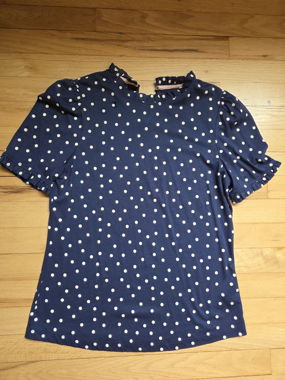 Boden Navy White Polka Dot Ruffle Sleeve Tee, Size 8 US